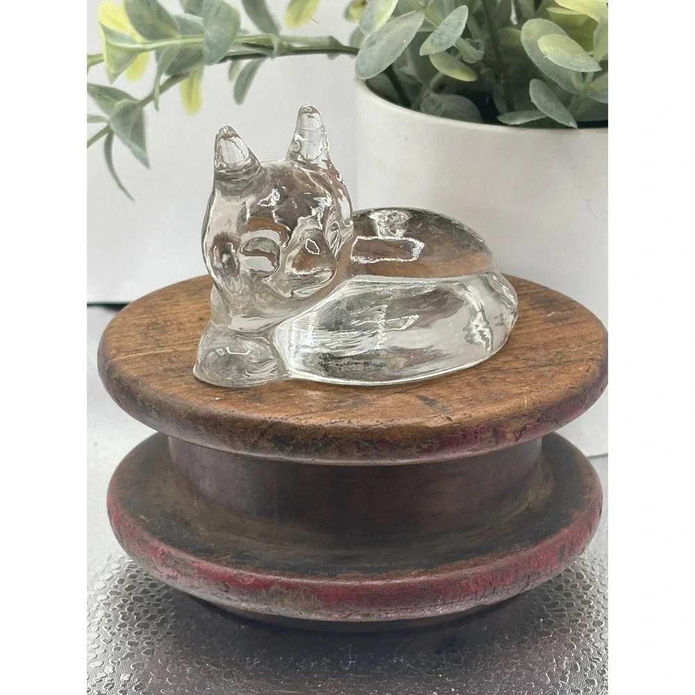 Glass Cat Figurine Clear Sleeping Kitty Paperweight Small Animal Desk Decor